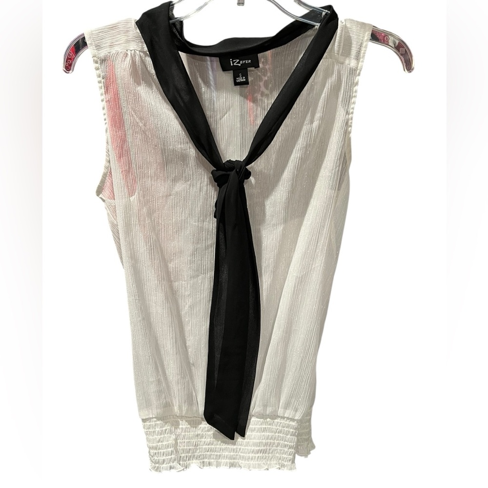 IZ Byer White Sleeveless Blouse with Black Tie Neck | Size Small